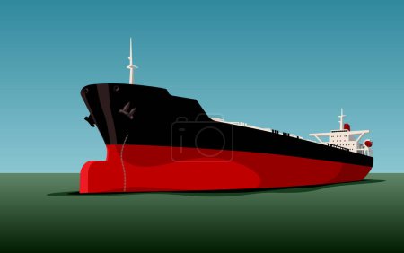 Illustration for Big ship. A bulk carrier waiting for its turn to load. Sea transportation. Vector image for prints, poster and illustrations. - Royalty Free Image