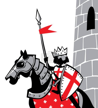 Moyen Âge. Le roi des croisés. Le chevalier part en croisade. Un personnage comique. Image vectorielle pour gravures, affiches ou illustrations.