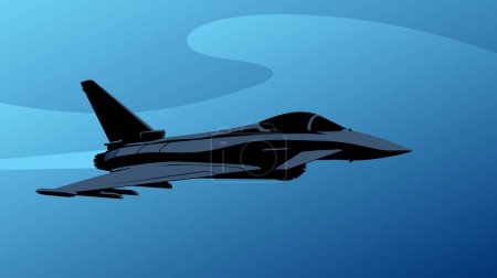 Illustration for Eurofighter Typhoon fighter jet. A fighter jet passes over the bay in the morning haze. Stylized image for prints, poster and illustrations. - Royalty Free Image