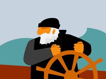 Loup de mer. Le vieux skipper conduit le navire à travers la mer orageuse. Image vectorielle pour gravures, affiches et illustrations.