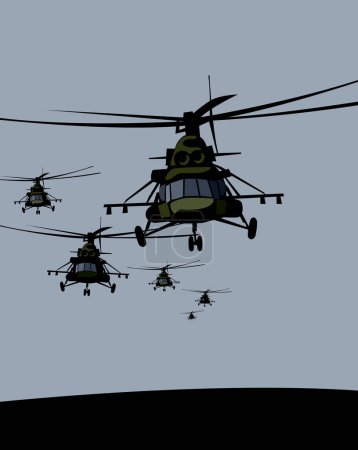 Asalto aéreo. Se acerca un grupo de helicópteros de combate. Imagen vectorial para impresiones, póster e ilustraciones.