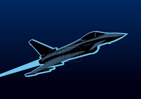 Vol de nuit. Avion Eurofighter Typhoon Jet sur fond de ciel bleu foncé. Dessin stylisé pour gravures, affiches et illustrations.