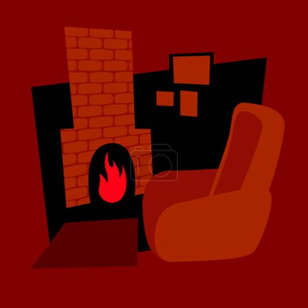Esquina de la chimenea. Chimenea. Un fuego en la chimenea, una silla suave. Imagen vectorial para impresiones, póster e ilustraciones.