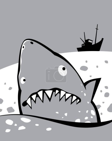 Treffen im Ozean. Ein großer weißer Hai und ein kleines Fischerboot. Vektorbild für Drucke, Poster und Illustrationen.