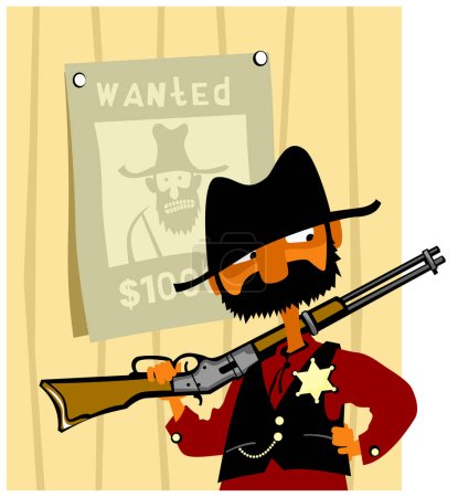 Gerechtigkeit im Wilden Westen. Neuer Gesetzgeber. Ein bewaffneter Sheriff in der Nähe eines Porträts eines Kriminellen. Vektorbild für Drucke, Poster und Illustrationen.