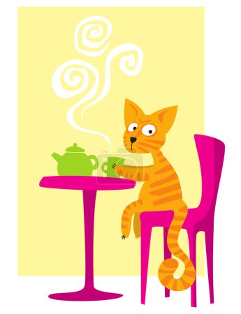 Illustration for A striped red-haired cat is drinking hot tea. Cartoon image for prints, poster and illustrations. - Royalty Free Image