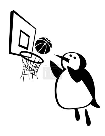 La vida de los pingüinos. Disparo de tres puntos. Pingüino como estrella del baloncesto. Carácter cómico. Imagen vectorial para impresiones, póster e ilustraciones.