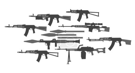 Armas de infantería. Armamento del escuadrón de fusiles. Rifle de asalto, ametralladora, lanzagranadas, rifle de francotirador. Imagen vectorial para impresiones, póster e ilustraciones.