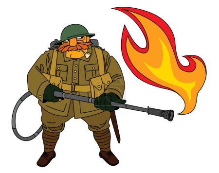 Flame thrower. Invincible warrior. World War I soldier with mustache, smoking pipe and flamethrower.