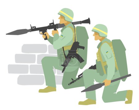 Ukrainische Truppen. Panzerabwehrmannschaft mit RPG-7 Granatwerfer. Vektorbild für Illustrationen.