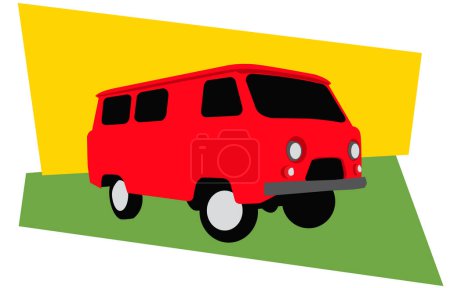 Old red minibus. 60s style car. Vector image for illustrations.