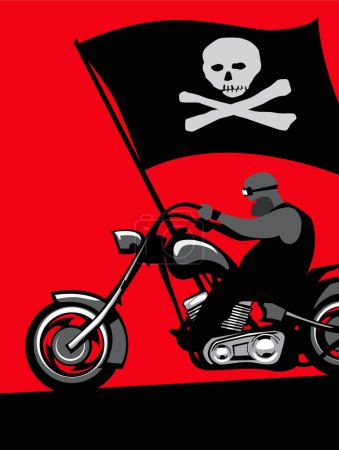 Téléchargez les illustrations : Un vrai motard. La vraie liberté. Homme dur sur une moto élégante avec un drapeau noir. Image vectorielle pour illustrations. - en licence libre de droit
