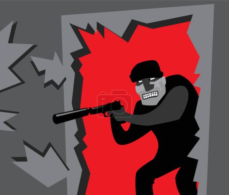 Illustration for An armed robber breaks down the door. Crime, robbery, small arms. Vector image for illustrations. - Royalty Free Image