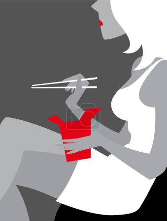 Woman with Thai food box and chopsticks. Vector image for illustrations.