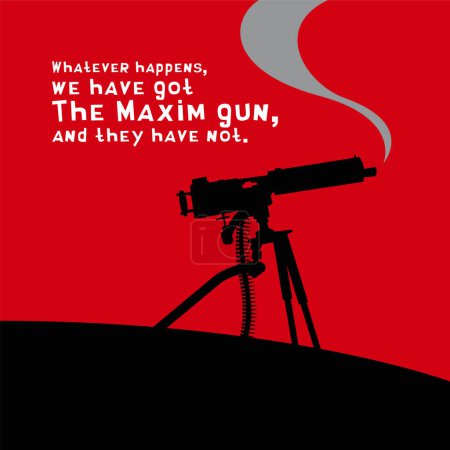 Plakat mit der Silhouette eines alten Maschinengewehrs und einem Zitat von Kipling. Vektorbild für Logo, Drucke oder Illustrationen.