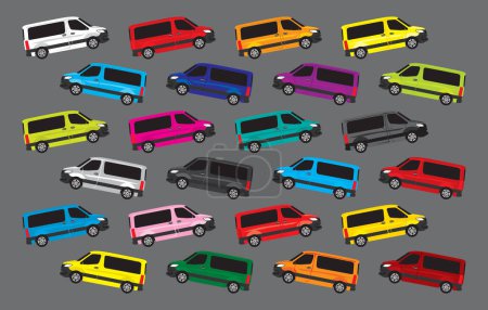 Bus pattern. A bunch of colorful buses on a gray background. Vector image for illustrations.
