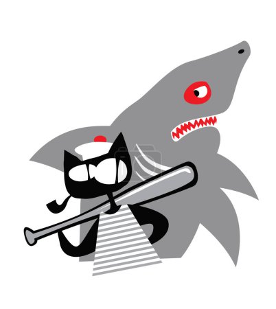 A real sailor. Sea cat. A cat with a baseball bat had just given a kick to a great white shark. Vector image for illustrations, posters, prints, logo.