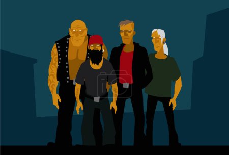 Bandits from the outskirts of the city. A gang of brutal men in search of adventure. Vector image for prints, poster and illustrations.