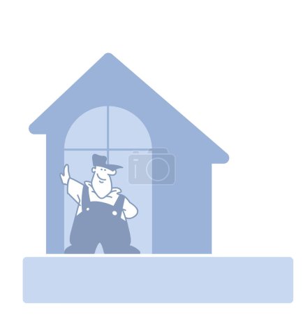 New windows in a new house. The master is satisfied with his work. Vector image for logo and illustrations.