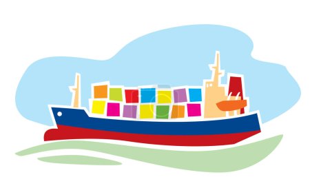 Frachter. Containerschiff mittlerer Größe. Schiffscontainer. Seeanlieferung. Vektorbild für Drucke, Poster und Illustrationen.