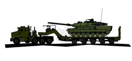 Illustration for Semi-trailer truck. Oshkosh 1070 Heavy Equipment and Tank Transporter Systems. Main battle tank on a transporter platform. Vector image for prints, poster and illustrations. - Royalty Free Image