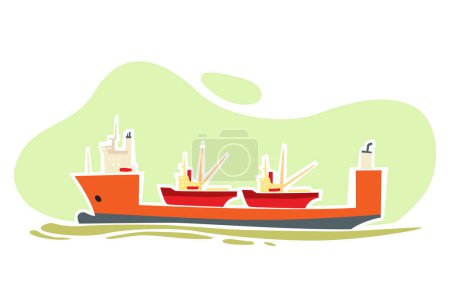 Buques de carga. El buque de carga pesada transporta pequeños buques pesqueros. Nave semisumergible. Entrega en el mar. Imagen vectorial para impresiones, póster e ilustraciones.