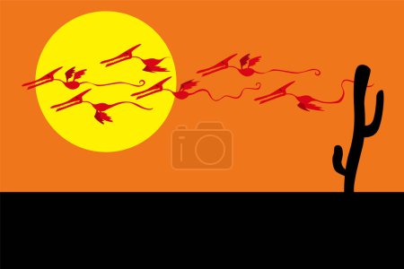 Mundos extraños. Un vuelo de pterodáctilos en el cielo naranja sobre el desierto negro. Imagen vectorial para impresiones, póster e ilustraciones.