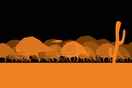 Strange worlds. A herd of bizarre monsters migrates to the north. Vector image for prints, poster and illustrations.