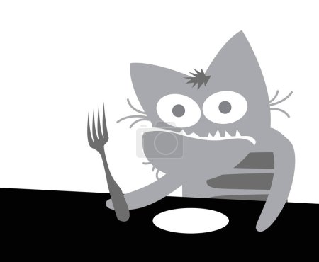 Cats life. Comic character. A gray cat holds a fork and waits for food. Vector image for prints, poster and illustrations.