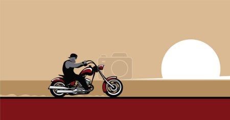 Viaja a lugares lejanos. Jinete de la libertad. Un motorista solitario se mueve por el desierto. Imagen vectorial para impresiones, póster e ilustraciones.