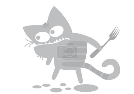 La vida de los gatos. Carácter cómico. El gato gris se mueve a propósito hacia adelante en busca de comida. Imagen vectorial para impresiones, póster e ilustraciones.