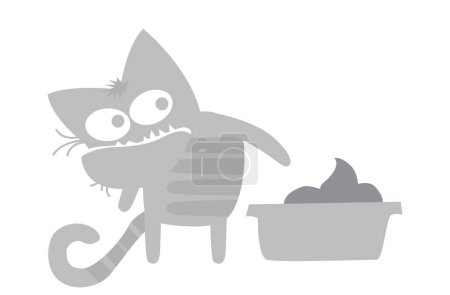 La vida de los gatos. Carácter cómico. El gato gris insinúa inequívocamente que es hora de limpiar el inodoro. Imagen vectorial para impresiones, póster e ilustraciones.