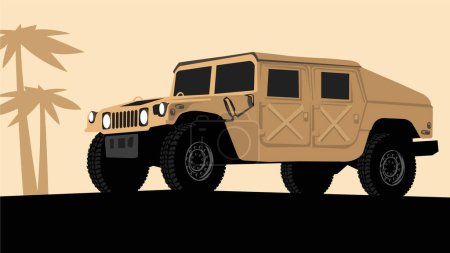 LKW in der Wüste. Geländewagen. Stilisierte Zeichnung eines Militär-Geländewagens. Vektorbild für Drucke, Poster und Illustrationen.
