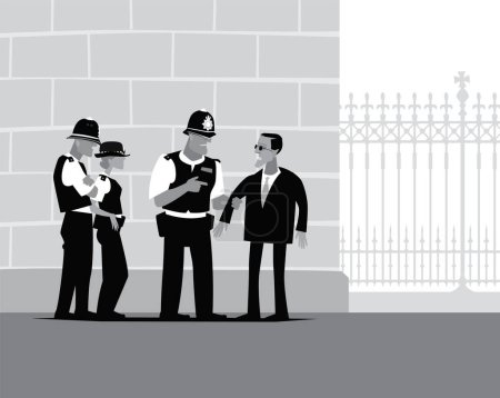 Illustration for British cops. Cop on the street. A police patrol is trying to detain the suspect. Vector image for prints, poster and illustrations. - Royalty Free Image