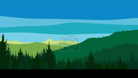 Montañas arboladas. Bosque de coníferas. Montañas verdes cubiertas de árboles. Imagen vectorial para impresiones, póster e ilustraciones.