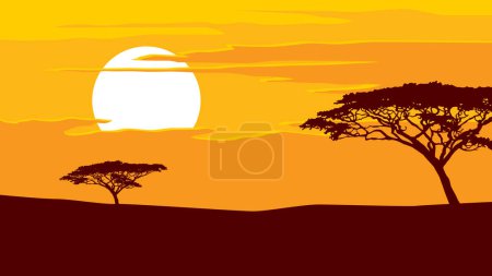 Téléchargez les illustrations : Paysage africain. Arbres simples sous le soleil brûlant. Image vectorielle pour gravures, affiches et illustrations. - en licence libre de droit
