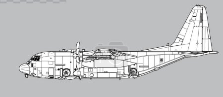 Ilustración de Lockheed AC-130J Ghostrider con GBU-39 Bomba de diámetro pequeño. Cerremos la nave de apoyo aéreo para los equipos SOF. Vista lateral. Imagen para ilustración e infografía. - Imagen libre de derechos