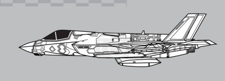 Ilustración de Lockheed Martin F-35B Lightning II. Dibujo vectorial de VSTOL sigilo luchador multifunción. Vista lateral. Imagen para ilustración e infografía. - Imagen libre de derechos