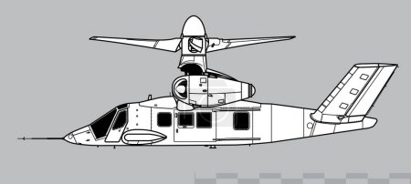 Bell V-280 Valor. Avión basculante multifunción. Configuración de despegue. Vista lateral. Imagen para ilustración e infografía.