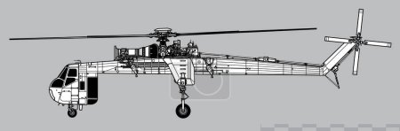 Illustration for Sikorsky CH-54A Tarhe. Vector drawing of heavy lift cargo helicopter. Side view. Image for illustration and infographics. - Royalty Free Image