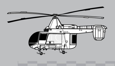 Téléchargez les illustrations : Kaman HH-43 Huskie. Dessin vectoriel de l'hélicoptère de recherche et sauvetage. Vue latérale. Image pour illustration et infographie. - en licence libre de droit