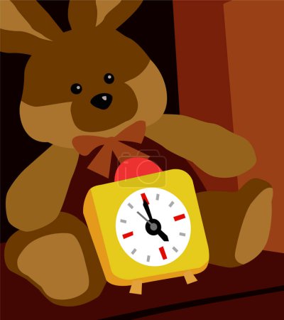Early morning. Alarm clock. Big soft toy hare and clock by the bed. Vector image for prints, poster and illustrations.