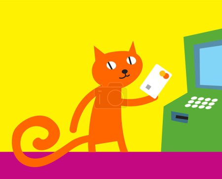 La vida de Cat. Dame efectivo. Gato rojo con tarjeta bancaria en un cajero automático. Imagen vectorial para impresiones, póster e ilustraciones.