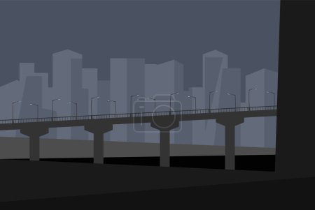 Illustration for Night city view. Bridge, buildings, shining street lights. Vector image for prints, poster and illustrations. - Royalty Free Image