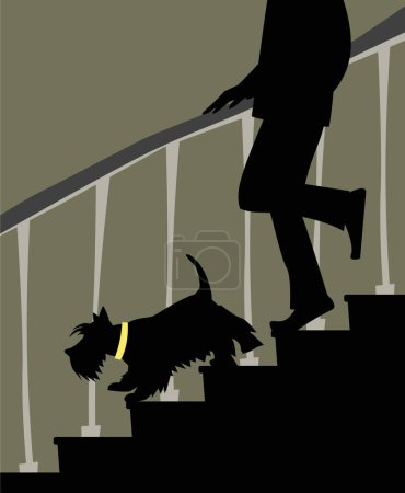 Ilustración de En un paseo con un Scotch Terrier. Pasos. ¡Hombre! Perro. Imagen vectorial para impresiones, póster e ilustraciones. - Imagen libre de derechos