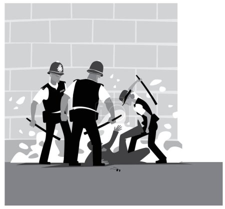 Ilustración de Violencia policial. Un grupo de policías enojados golpea a un hombre. Imagen vectorial para impresiones, póster e ilustraciones. - Imagen libre de derechos