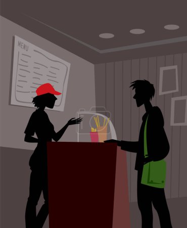 Illustration for Barista and customer. Conversation in a small coffee shop. Vector image for prints, poster and illustrations. - Royalty Free Image