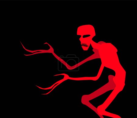 Ilustración de Un espíritu maligno. Monstruo rojo feroz sobre un fondo negro. Imagen vectorial para impresiones, póster e ilustraciones. - Imagen libre de derechos
