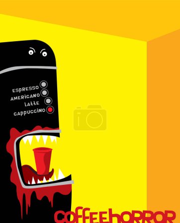 Illustration for Real Halloween. A coffee machine that turned into a bloodthirsty monster. Vector image for prints, poster and illustrations. - Royalty Free Image