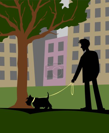 Ilustración de Buenos días. Un paseo con un perro. Un hombre con un scotch terrier cerca de un árbol. Imagen vectorial para impresiones, póster e ilustraciones. - Imagen libre de derechos